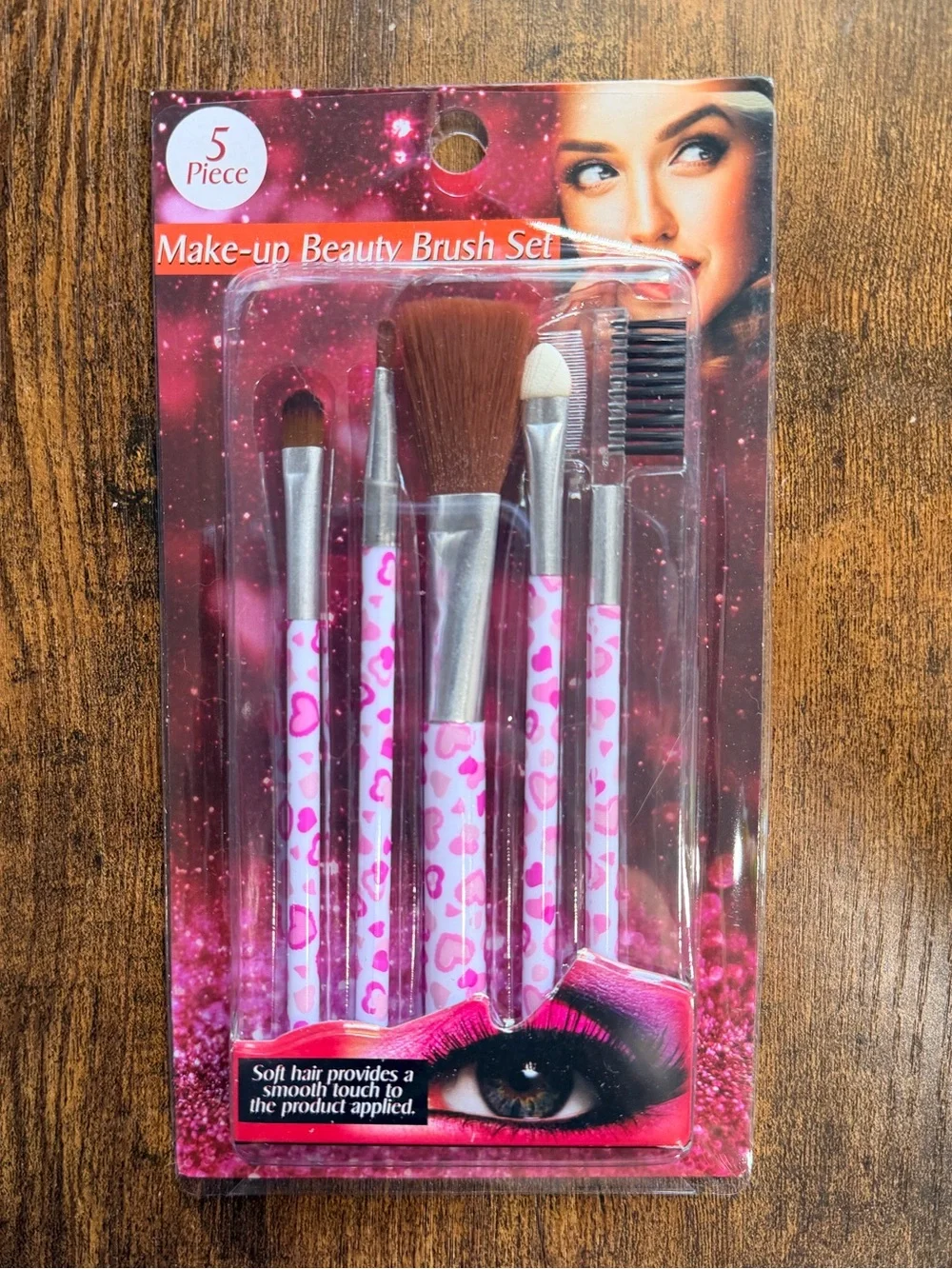 Make-up Beauty Brush Set - Pink Heart Handle, 5-Piece